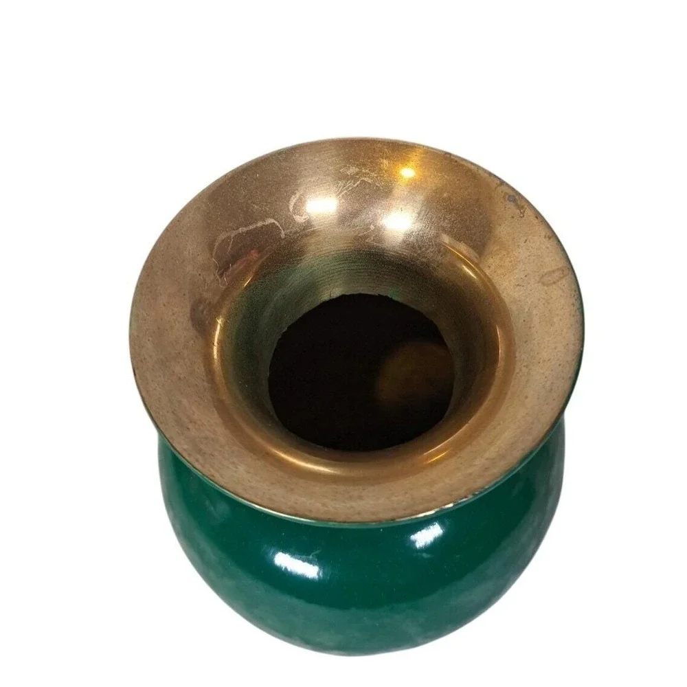 VTG Solid Brass Gold Metal Green Vase Urn Trophy Vase 5 3/4